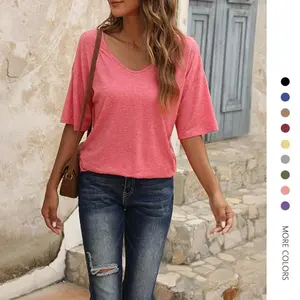 Women's Cotton-Spandex-Polyester Lightweight V-Neck Half-Sleeve Oversized T-Shirt - Simple Plain Streetwear Style, Casual Loose Basic Tops Compatible with Skinny-Fit Outfits for Summer Vacation