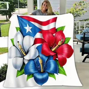 1 Piece Puerto Rico Flag Flower Theme Flannel Blanket, Soft and Warm Plush, Super Comfortable, Suitable for Living Room, Bedroom, Travel and Camping, Family Holiday Decoration