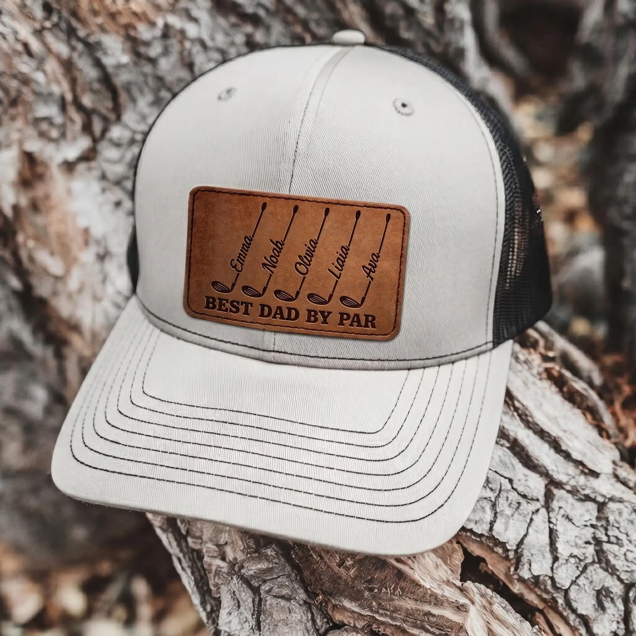 Best Dad By Par Leather Patch Hat, Custom Golf Dad Trucker Cap, Personalized Father Day Gift, Kids Names Hat, Gift for Dad