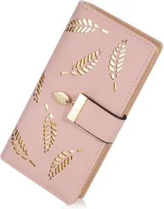 Women's Long Leaf Bifold Wallet Leather Card Holder Purse Zipper Buckle Elegant Clutch Wallet Handbag for Women - Pink