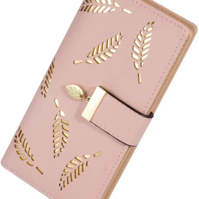 Women's Long Leaf Bifold Wallet Leather Card Holder Purse Zipper Buckle Elegant Clutch Wallet Handbag for Women - Pink