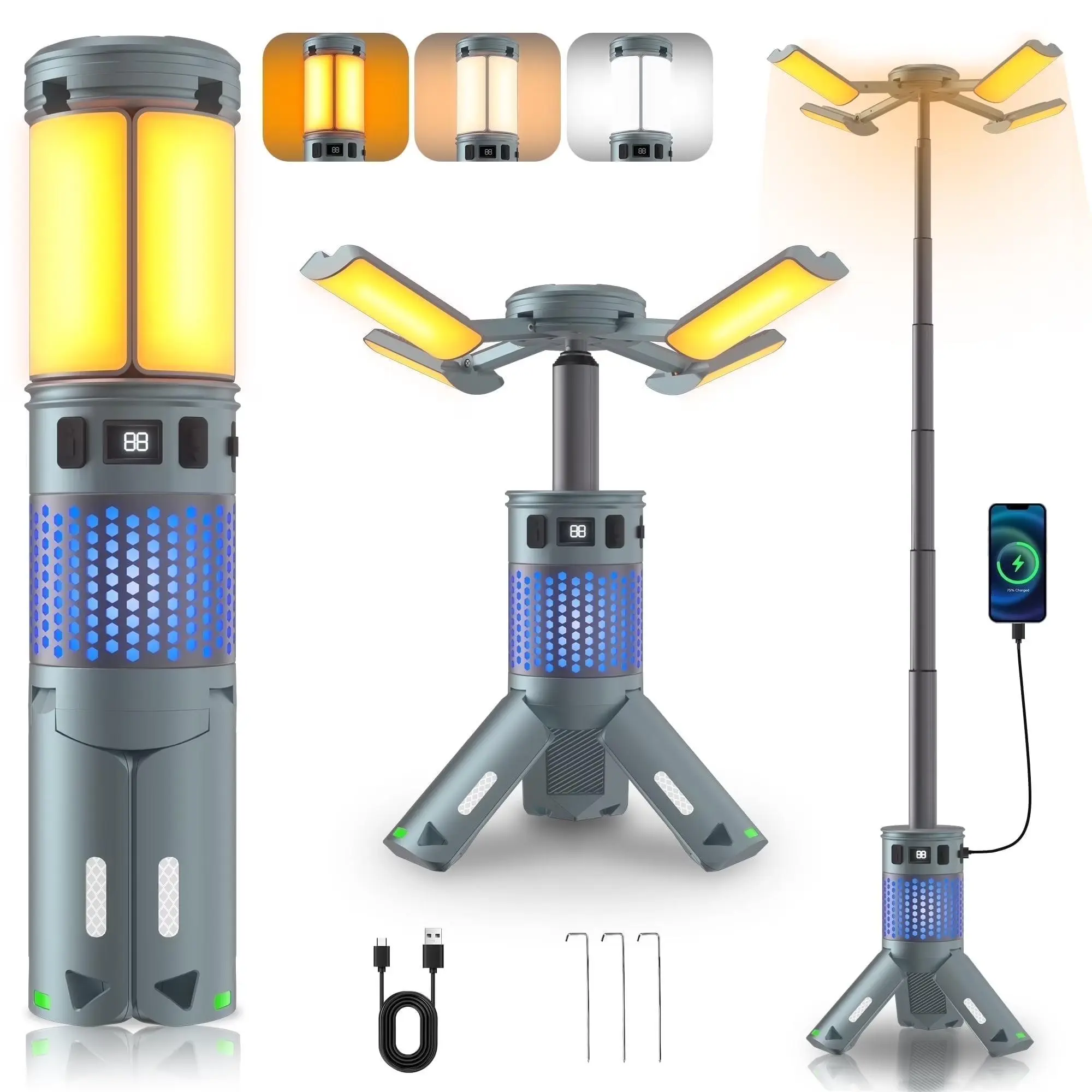 Xecessory Camping Lantern Rechargeable Telescopic, 12000Mah Waterproof LED Flashlight Magnetic Camping Light Camping Essentials, Portable Outdoor Emergency Light for Power Outage XECESSORY