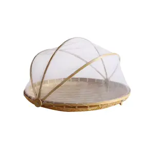 Handmade Bamboo Woven Fruit Vegetable Basket with Mosquito Proof Net round Dustproof Wicker Tray Food Bread NONE