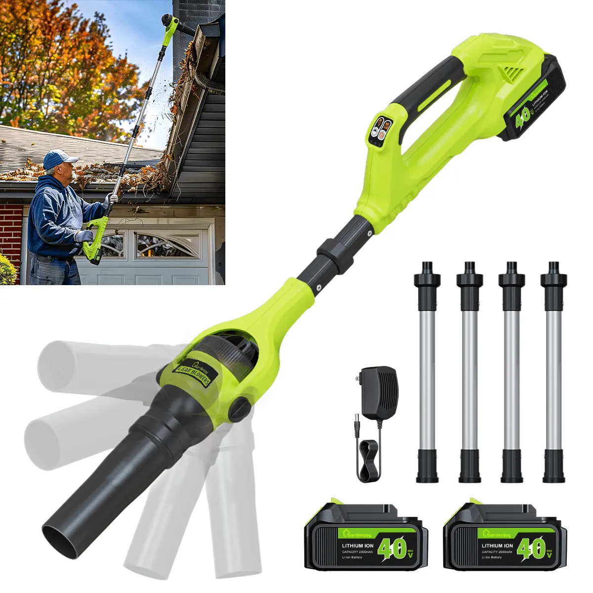 GardenJoy 40V Cordless Leaf Blower, 400 CFM 125 MPH, Brushless Motor, 2x2.0Ah Batteries & Charger, with Gutter Cleaning Extension - Green Cordless Electric
