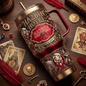 Hazbin Hotel Stainless Steel Tumbler with Handle, Demon Cartoon Travel Mug, Welcome to the Happy Hotel Cup, Gothic Fan Gift