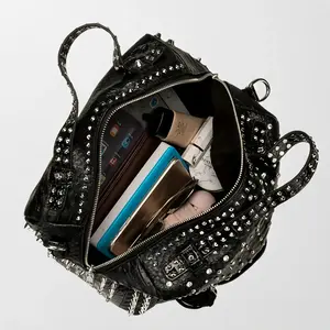 Studded and Rhinestone Women's Handbag - Fashionable Synthetic Leather Shoulder Bag with Adjustable Strap, Black/White, Large Capacity, Perfect for Casual or Evening Wear