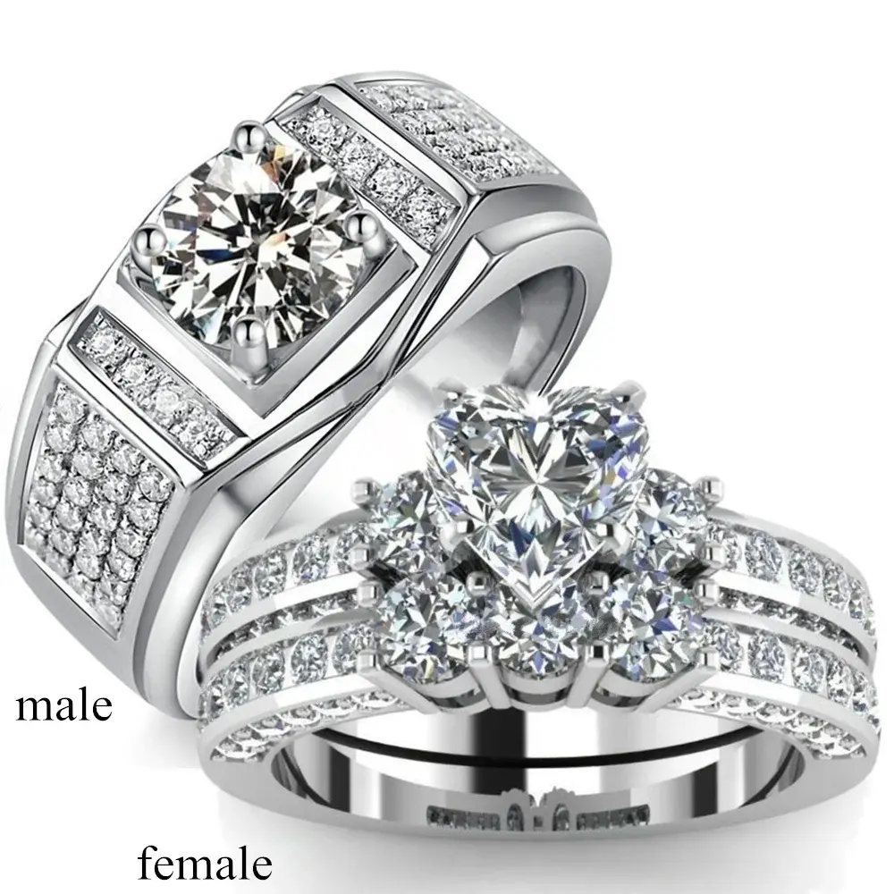 Luxury Couple Rings Women's Heart White Crystal Rhinestones Rings Set Men's CZ Stainless Steel Ring Wedding Engagement Jewelry