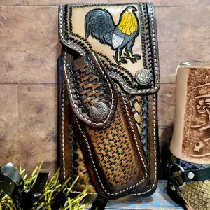 Rooster Western Phone Holster Genuine Leather Phone Belt Holster and Knife Holder Hand Tooled button closure Handmade in Mexico