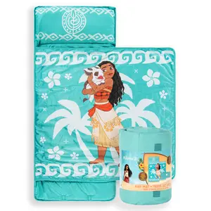 Jay Franco Kids Nap Mat with Embedded Pillow & Blanket  Moana Soft 46"x20" Microfiber Sleeping Bag with Name Tag & Handle for School, Travel, Sleepover, Teal