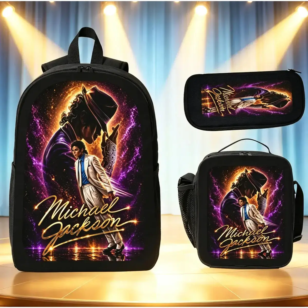 Printed 3-Piece Michael Jackson Themed School Travel Set Pack, Teen Music Fans' Backpack with Insulated Bag & Pencil Case