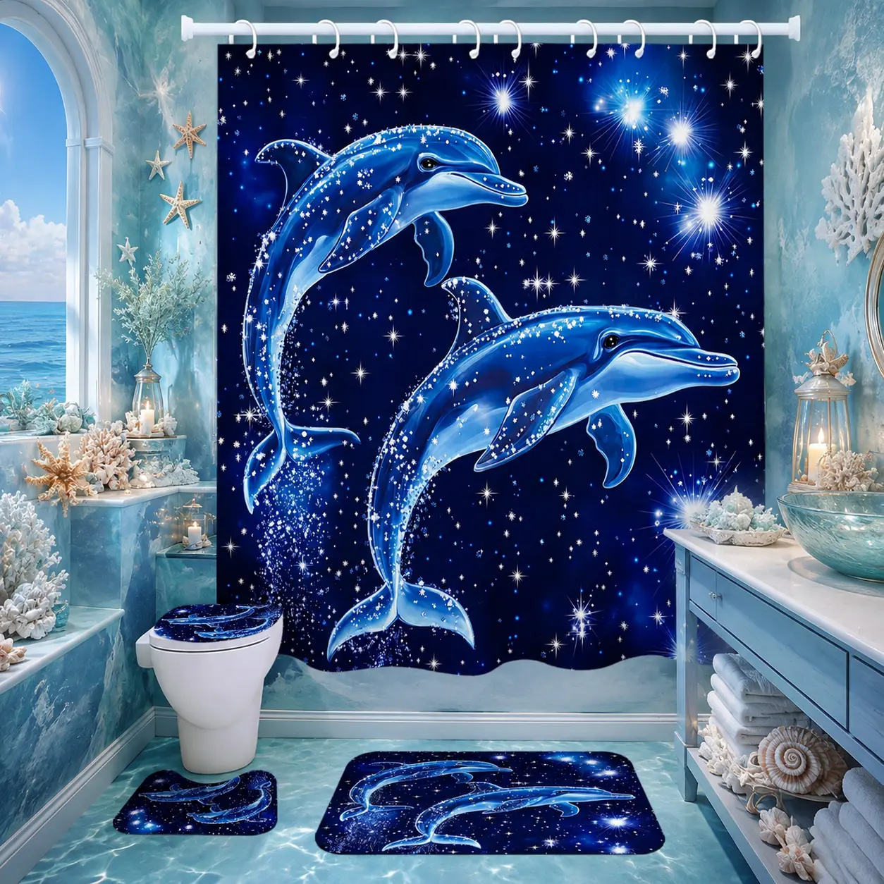 Blue Dolphin 4-Piece Shower Curtain Set - 71x71 in, Includes Bath Mat, Toilet Lid Cover, U-Shaped Rug, 12 Hooks, Starry Night Ocean Sparkle Coastal Bathroom Decor, Shower Curtains