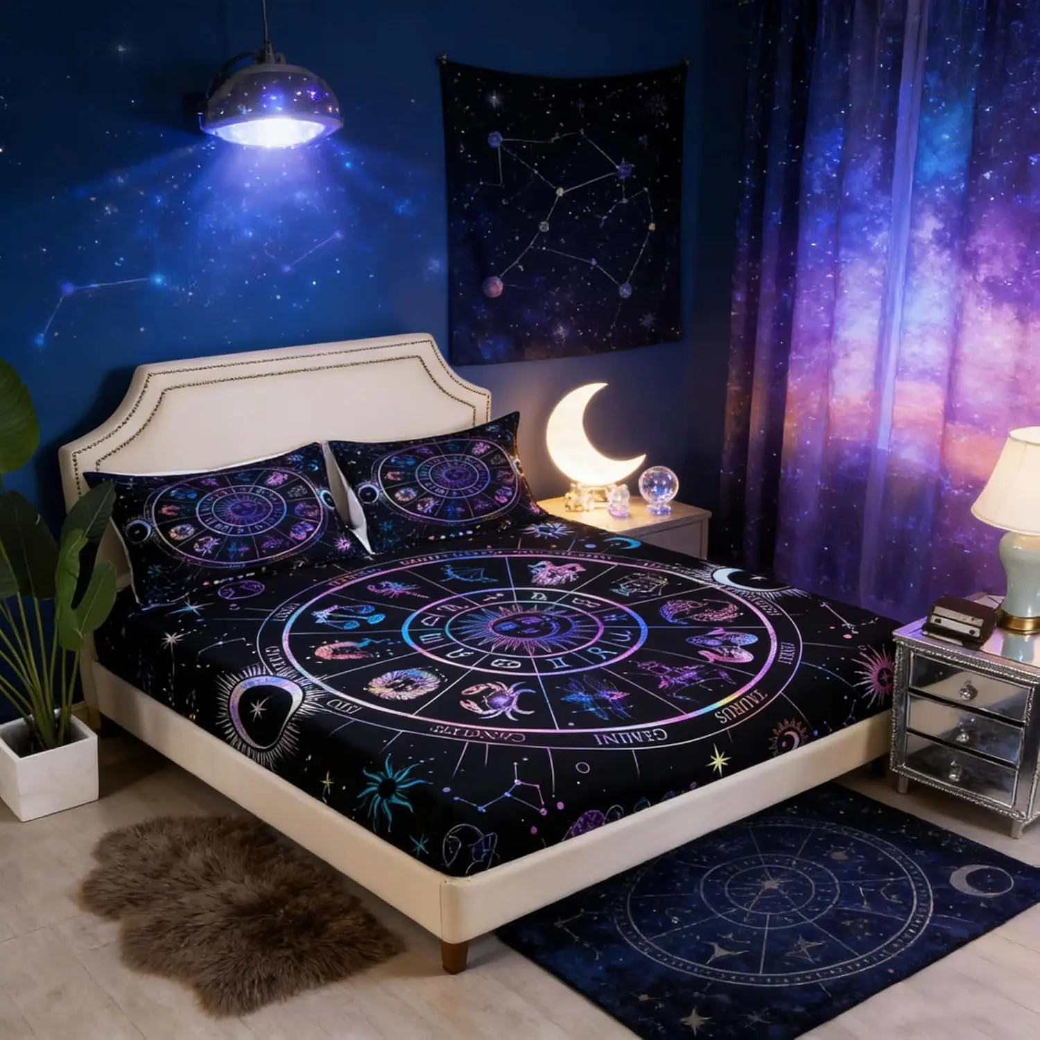 Sun and Moon Bedding Set,Starry Galaxy Zodiac Constellation Fitted Sheet Room Decor,Neon Blue Purple Bed Sheet Hippie Boho Deep Pocket Sheet