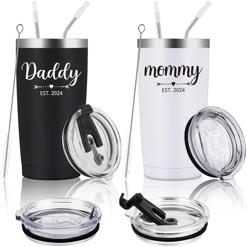 Daddy and Mommy Est 2024 Travel Tumbler, New Parents Insulated Tumblers 20Oz, Mom Dad Gift for Mother'S Day, Father'S Day, Christmas, New Pregnancy, Birthday, Baby Shower (Black White) Gtmileo