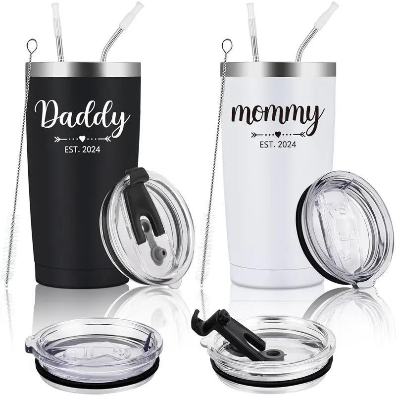 Daddy and Mommy Est 2024 Travel Tumbler, New Parents Insulated Tumblers 20Oz, Mom Dad Gift for Mother'S Day, Father'S Day, Christmas, New Pregnancy, Birthday, Baby Shower (Black White) Gtmileo