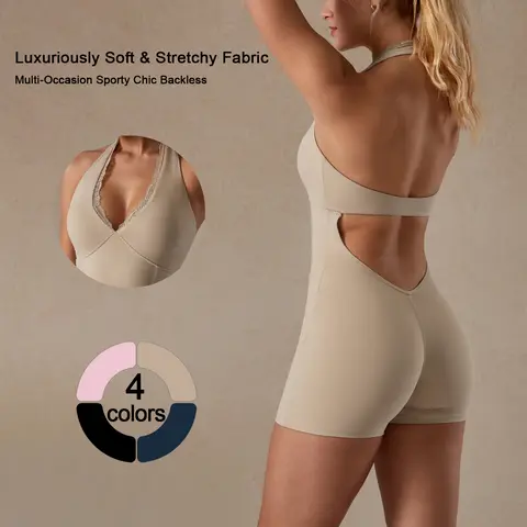 TimeOFF Soft Stretchy Backless Sleeveless Halter Lace Trim Plain Slim-Fitting Comfortable Fit Bodycon Athleisure Sports Clothing Set - Fitness Outfit, Gym-To-Casual Activewear, Yoga Use