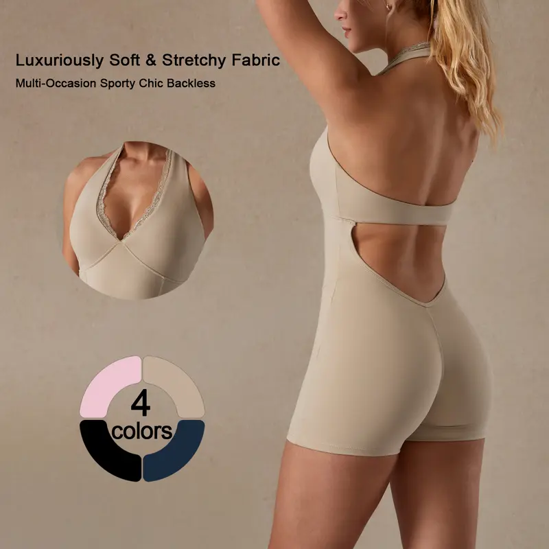 TimeOFF Soft Stretchy Backless Sleeveless Halter Lace Trim Plain Slim-Fitting Comfortable Fit Bodycon Athleisure Sports Clothing Set - Fitness Outfit, Gym-To-Casual Activewear, Yoga Use