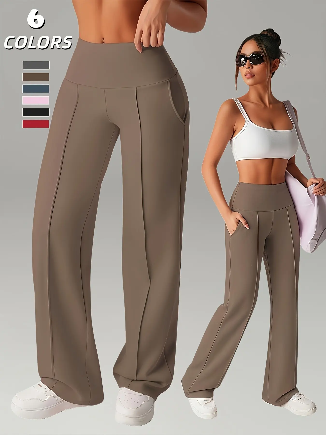 Women's High Waist Yoga Pants, High Waist Activewear, Yoga Training Pants, Quick-Dry Straight Leg Wide-Leggings with Pockets, Gym Workout Leggings, Elastic Sports Bottoms, Casual Gym Wear, Female Gym Clothes