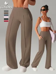 Women's High Waist Yoga Pants, Yoga Training Pants, Quick-Dry Straight Leg Wide-Leggings with Pockets, Gym Workout Leggings, Elastic Sports Bottoms, Gym Sportswear Bottoms, Casual Gym Wear, High Waisted Athletic