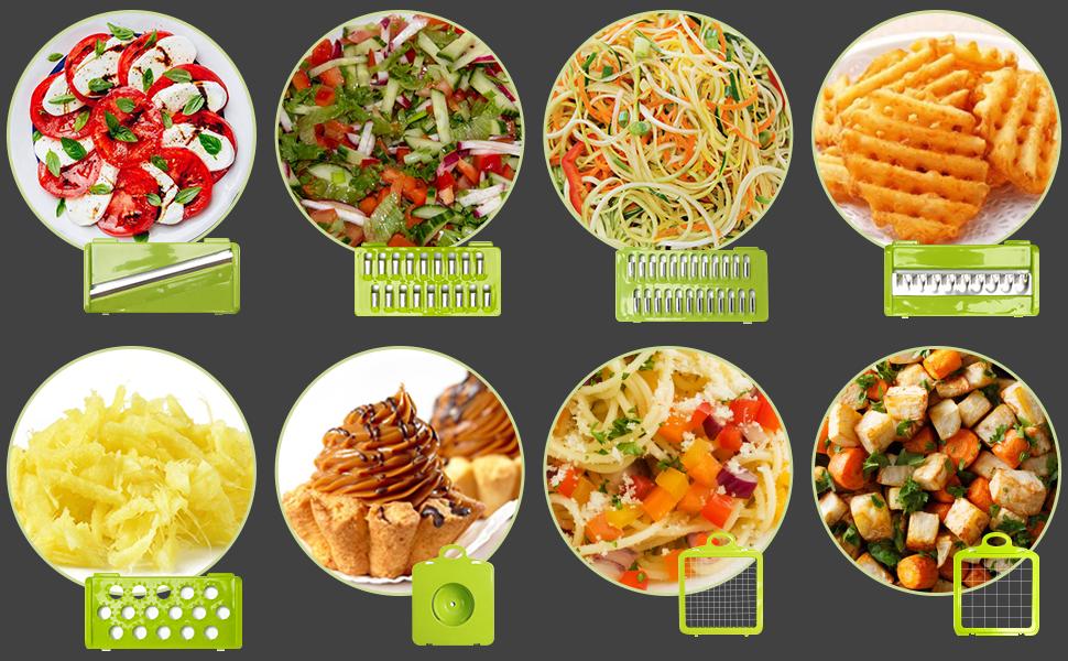 Grey 16-Piece Multi-Blade Fruit & Vegetable Chopper Set - Rust-Proof Kitchen Essential Cutter with 7 Diversified Blades, Container, Handheld Spiralizer, Mandoline for Salad, Carrot, Potato, 16-Pieces, Compact