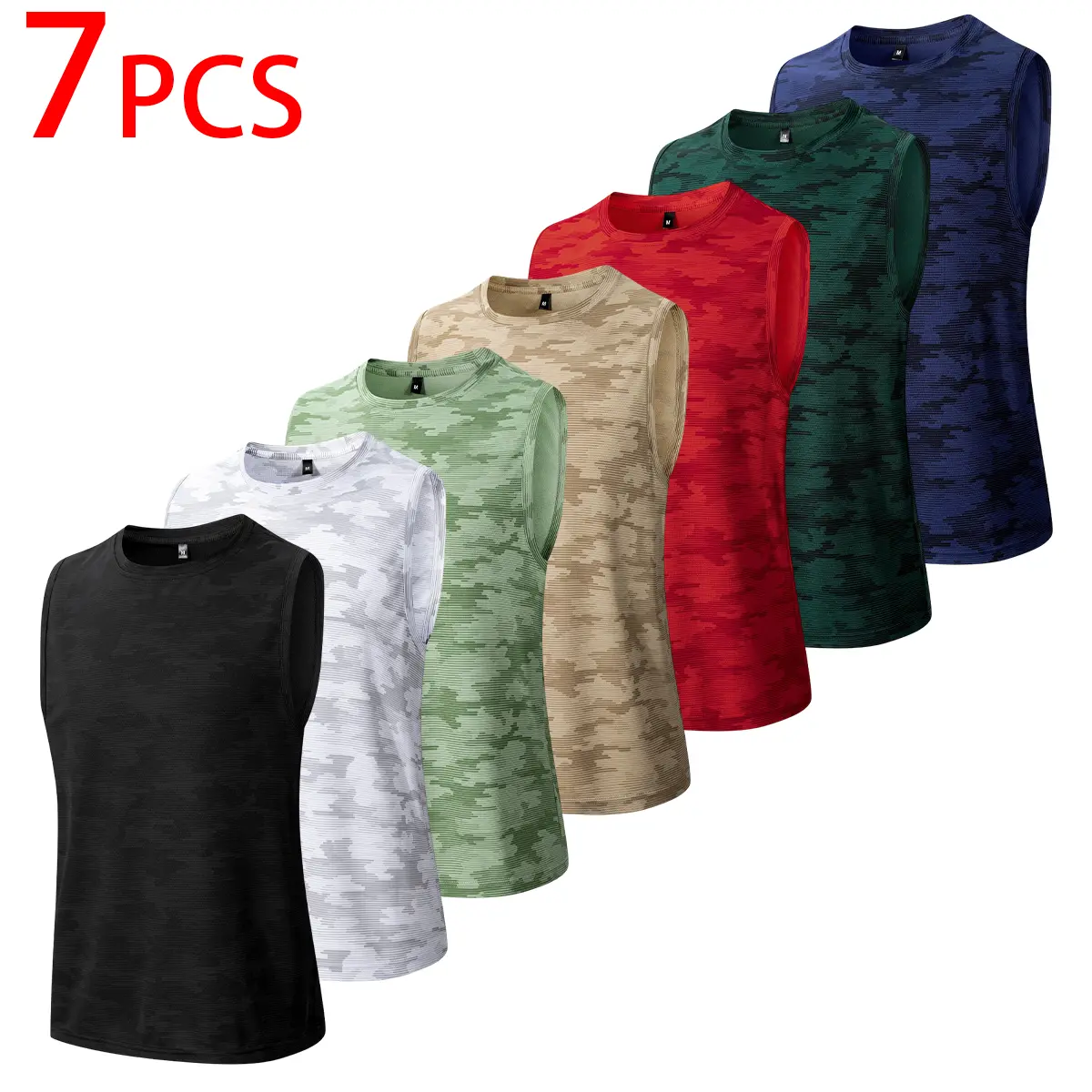 Men's Plus Size 7-Pack Athletic Tank Tops - Digital Camo Fitted Fitness Vests, Lightweight Breathable Dry Fit Active Sweat Wicking Activewear for Gym, Hiking, Sweat Wicking Vest, Activewear For Fitness, Basics, Polyester, Cooling Vests