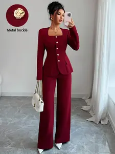Women's Fashion Square Neck Long Sleeve Top with Belted Pants Set, Spring Summer Comfortable Daily Wear, Stylish Elegant Loose Fit