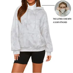 Women's Oversized Hooded Sweater Coat With A Built-In High-Neck Windproof Scarf at The Neckline, Y2KRetro Trend Tie Dye Pullover Sport Shirt Suitable For A Warm And Fashionable Wearing Experience In Winter