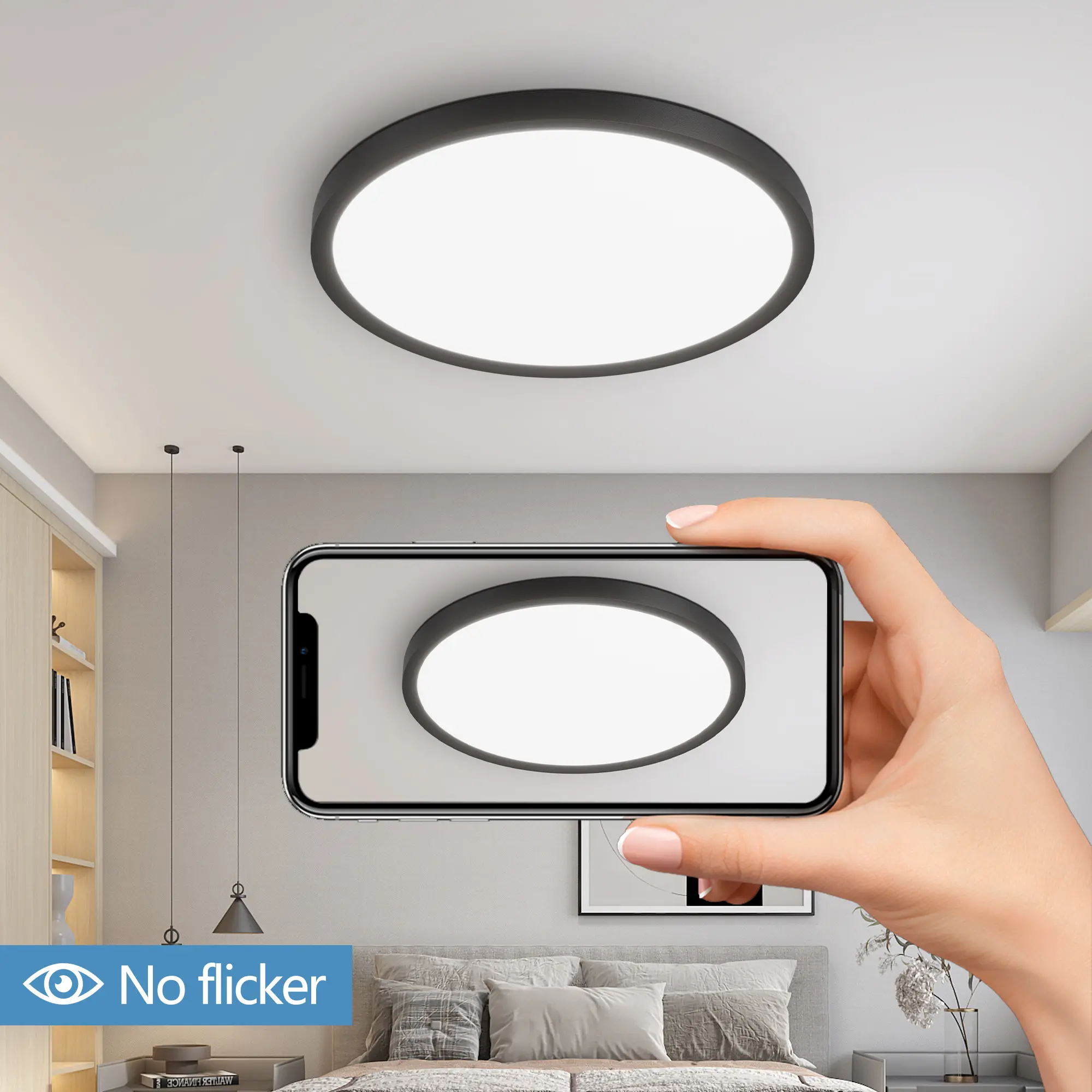 12" Ultra-Thin LED Ceiling Light, 5 Color Temperatures (2700K-6500K), 2880LM Brightness, No Flickering, Matte Black Recessed Mount, Easy Installation for Bedroom, Kitchen, Hallway