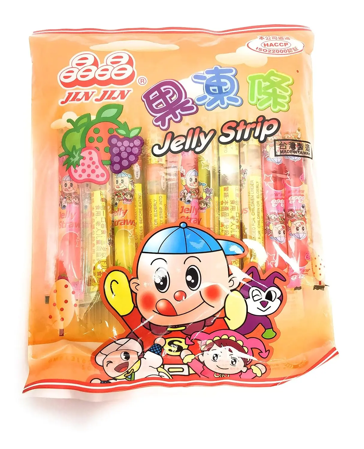 Jin Jin Low Fat Mixed Flavor Jelly Strip Snacks - Ambient Food, Jelly-Filled Straws (Grape, Strawberry, Pineapple, Lychee) - 14.1 Oz Net Wt.