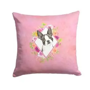 Carolines Treasures  14 x 3 x 14 in. Boston Terrier Pink Flowers Fabric Decorative Pillow