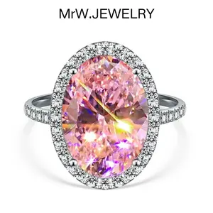 Micro-pavé Oval Diamond Colored Pink Zircon Ring with Halo Design and Precision Craftsmanship for Special Occasions