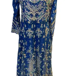 Elegant Blue Wedding Dress with Gold Embroidery and Beading for Special Occasions