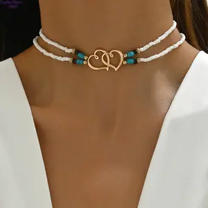 Beach Vacation Boho Jewelry Set Double Layer Seed Bead Anklet Dual Heart Beaded Necklace Turquoise Bracelet Body Chain Bohemian Style for Women Trendy Summer Stackable Versatile Daily Party Holiday Outfits