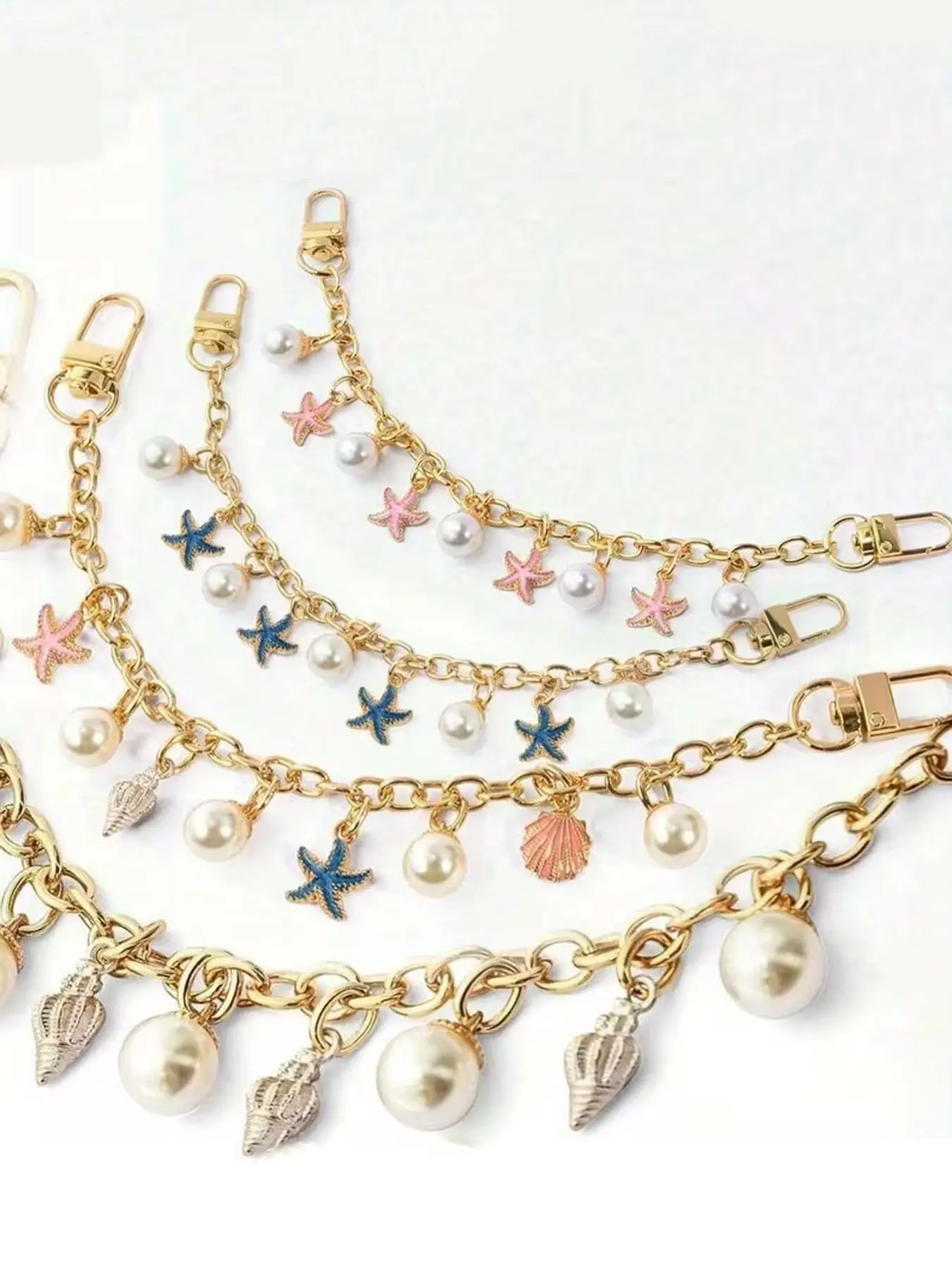 Ocean-Themed Faux Pearl Starfish And Seashell Bag Charm, Purse Charms, Purse Charms For Handbags, Featuring A Gold Chain Base, Paired With Faux Pearls And Starfish, Seashells Pendants, For Everyday Outings, Beach Vacations, Bag Charm