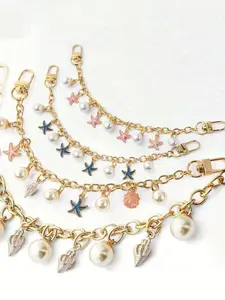 Ocean-Themed Faux Pearl Starfish And Seashell Bag Charm, Sparkly Bag Charm, Featuring A Gold Chain Base, Paired With Faux Pearls And Pendants Of Starfish, Seashells. Accessory For Everyday Outings, Beach Vacations, Or Music Festivals, Bag Charm Set