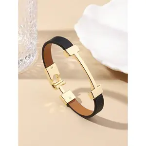 1pc Fashionable Gold Letter Decorated Leather Bracelet, Elegant Gift Jewelry For Girlfriend