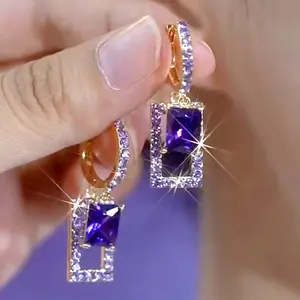 Shiny Geometric Purple Square Crystal Earrings with Anti-Lost Clasps, DDES0153 Elegant and Versatile Earrings for Women, Exquisite Purple Zircon Purple Crystal 14K Gold-Plated