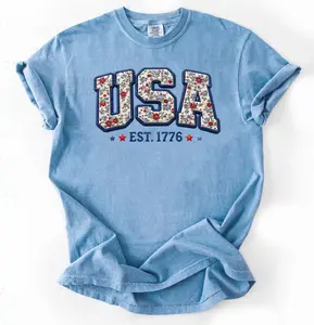 PREORDER: USA Faux Floral Patch Graphic Tee, Washed Denim