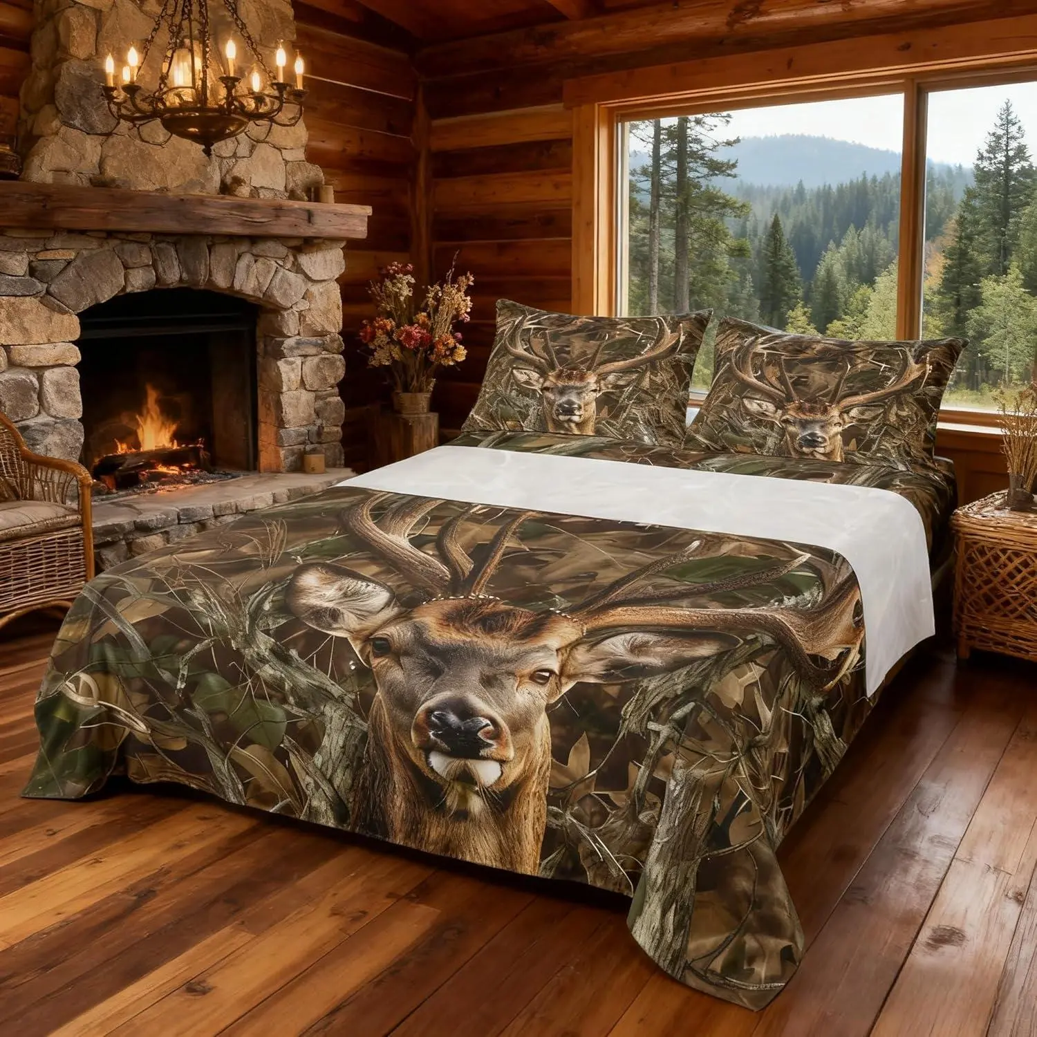 Feelyou 4pcs Hunting Theme Camo Dead Branches Deer Bedding Set - Fitted Sheet with Deep Pockets, Flat Sheet, Rustic Farmhouse Decor, Boys’ Bedroom Multi-Size Retro Brown Linens, Decorative Bedding Set, Twin Boys Bedding Set