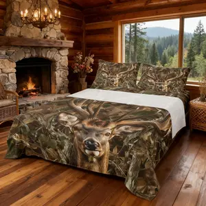 Feelyou 4pcs Hunting Theme Camo Dead Branches Deer Bedding Set - Fitted Sheet with Deep Pockets, Flat Sheet, Rustic Farmhouse Decor, Boys’ Bedroom Multi-Size Retro Brown Linens