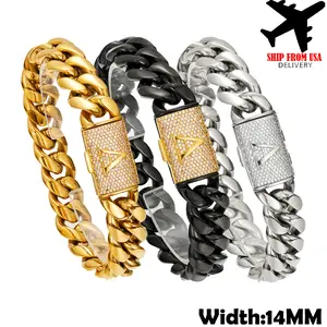 14MM Letter A-Z Name Bracelet Stainless Steel Hip Hop Jewelry For Men Miami Cuban Link Chain 18K Gold Plated Gift