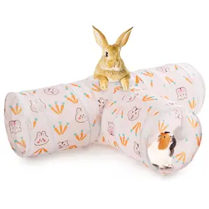Bunny Rabbit Hideout Tunnel Toy - Collapsible 3-Way Small Animal Tube with Chew Toys for Rabbits, Guinea Pigs