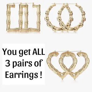 3 pairs of Bamboo Earrings Gold Color Shape: heart, square, circle