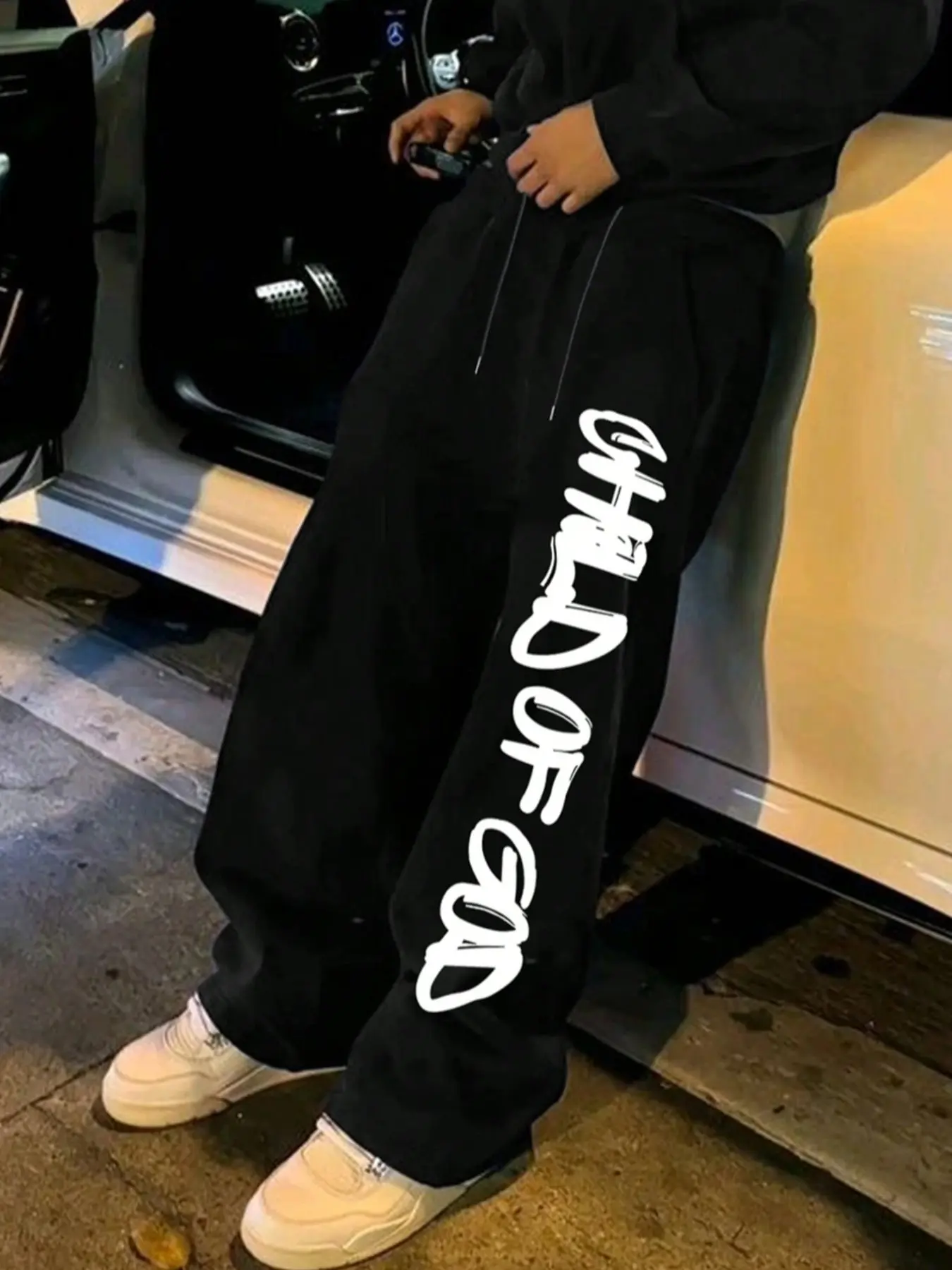 Baggy Oversized Loose Drawstring Sweatpants, "Child of God" Graphic Print, Drawstring Elastic Waist, Y2K Street Style & Hip-Hop Fashion, Casual Lounge Pants, Unisex Design, Trendy Streetwear Bottoms with Classic Vertical Logo for Daily Outfit
