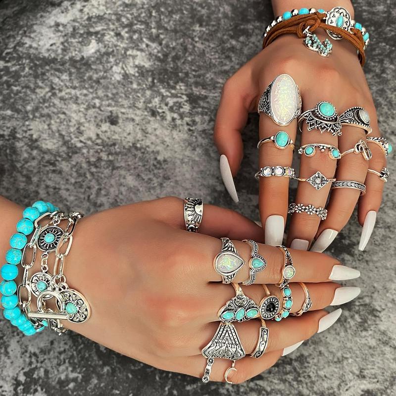 Bohemian  Set With Turquoise Necklace, Dangle Earrings, Stackable Bangle Bracelets, Knuckle Rings For Women  Western Boho Turquoise Anniversary Birthday Friendship
