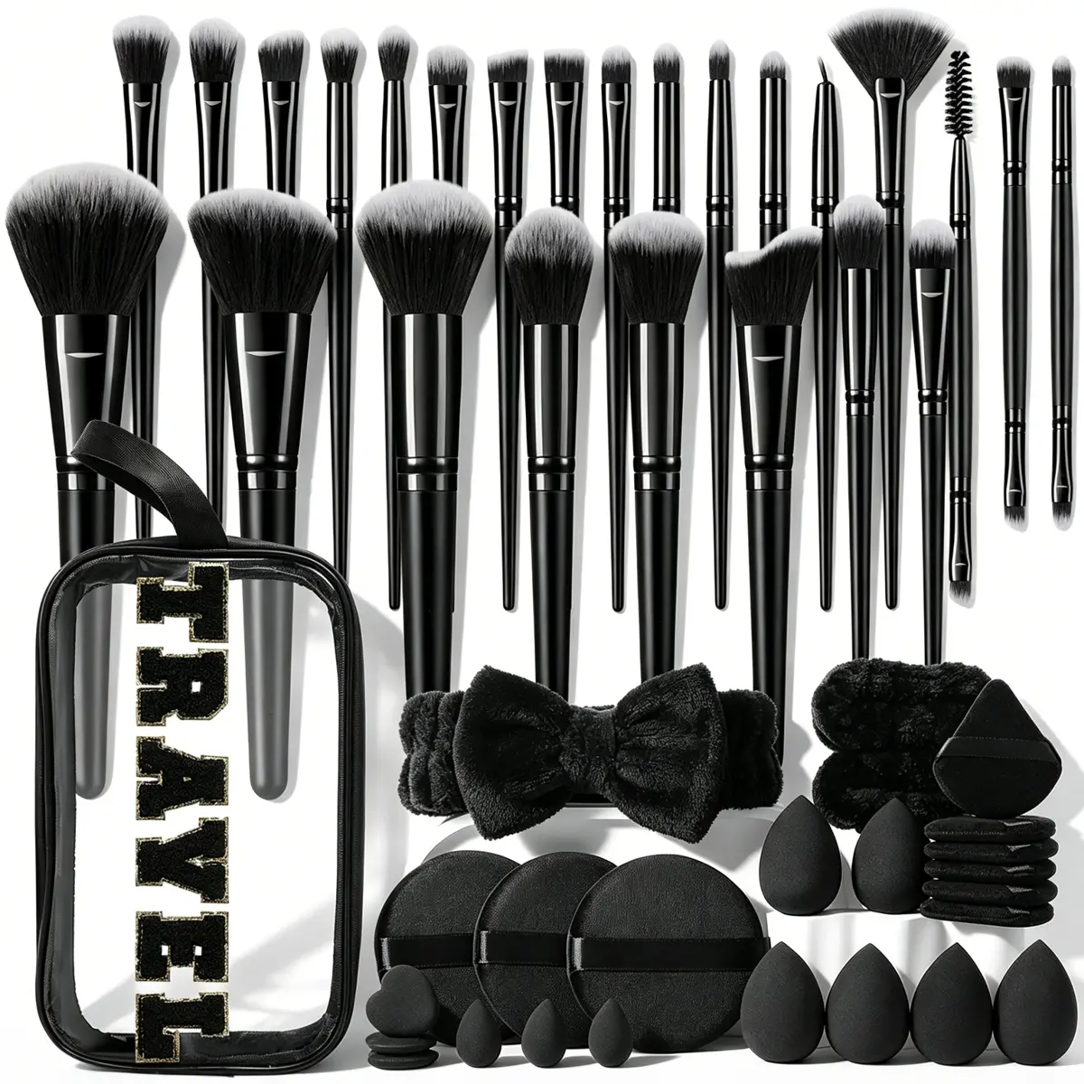 50PCS Makeup Tools Set Including:1pc Cosmetic Bag Waterproof,25PCS Makeup Brush Sets,9PCS Makeup Sponges,6PCS Triangle Powder Puffs,3PCS Mini Air Cushion Powder Puffs,3PCS Circular Powder Puffs+1pc Hairband,2PCS Hand Bowl Strap, Makeup Storage Organizer