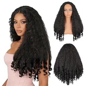 Burmese Curly Half Wig Synthetic Hair 3 In 1 Glueless Half Wigs 22 Inch with Drawstring long wavy Seamless Flip Over Half Wigs for Black Women No Glue No Lace Wig with Spiral Ends