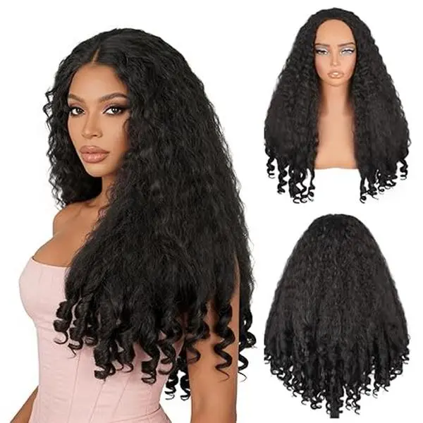 Burmese Curly Half Wig Synthetic Hair 3 In 1 Glueless Half Wigs 22 Inch with Drawstring long wavy Seamless Flip Over Half Wigs for Black Women No Glue No Lace Wig with Spiral Ends