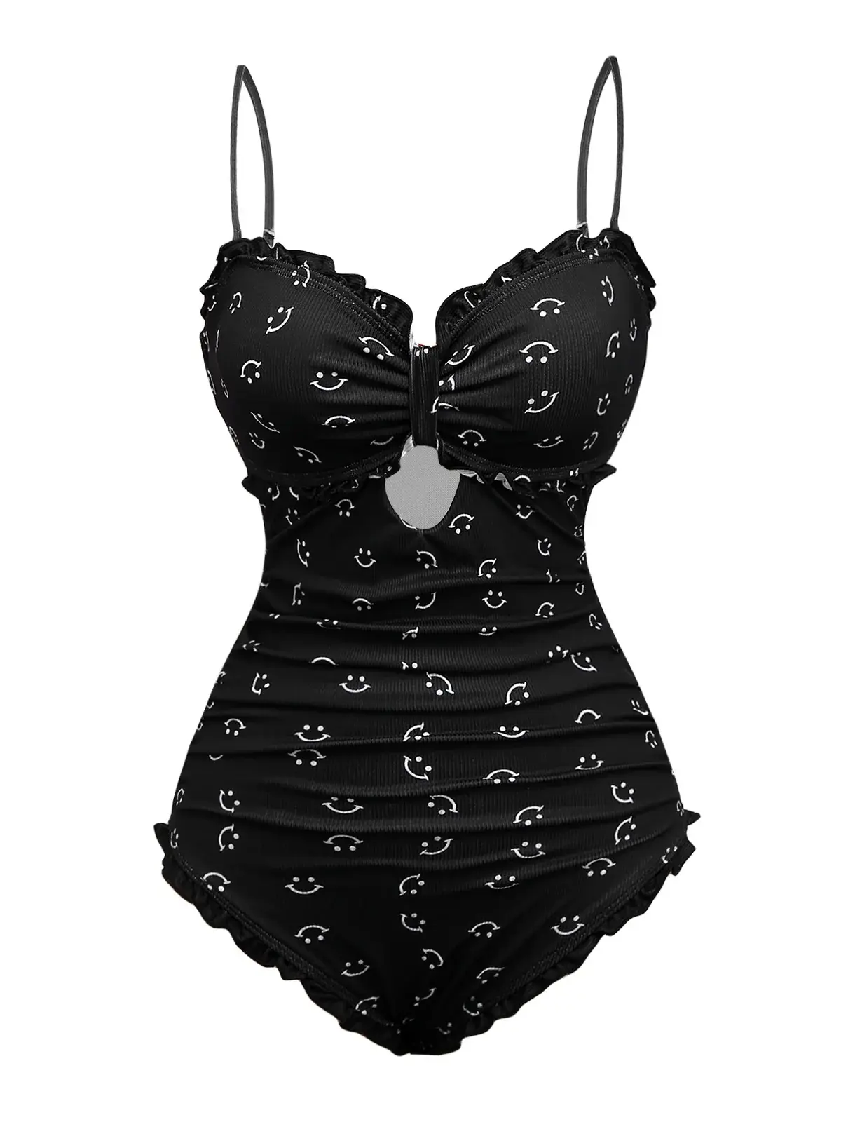RETRO STAGE Women's 1930s Black Smile Print Ruffle Spaghetti Strap 1-Piece Swimsuit - Wireless Bra, Medium-Stretch Polyester Blend Fabric, Removable Pads, Ruffle Bathing Suit, Ruffle Swimsuitssummer outfits beach essentials vacation outfits