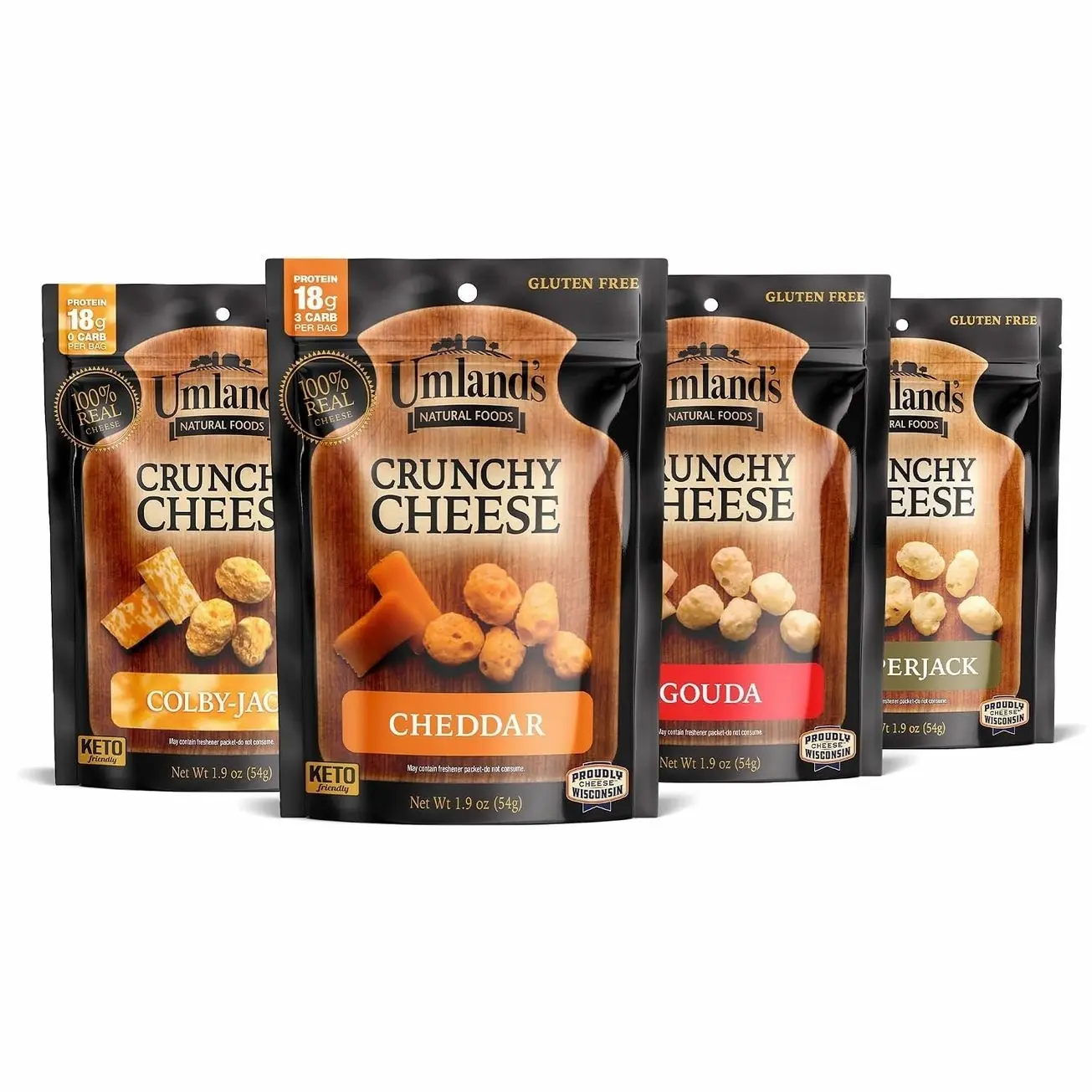 Umland’s Crunchy Cheese – Variety Pack (4 × 1.9 oz Bags) | Cheddar, Colby Jack, Pepper Jack, Gouda | Real Cheese, Keto, Low-Carb, High-Protein, Gluten-Free Snack