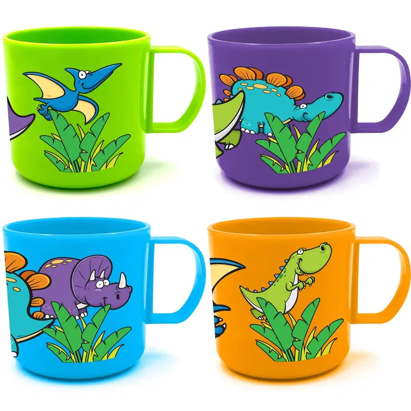 ArtCreativity Kid-Friendly Dino Mug Set - 4-Piece Durable Child-Sized Reusable Lightweight Plastic Drinkware, Pretend Play Toys, Indoor Birthday Gift Bags Favors for Ages 3+ Sips & Themed Fun